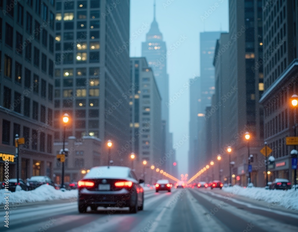 Snowy city street scene at dusk. Cars drive through falling snow past tall buildings and streetlights. Snowy city street scene at dusk. Cars drive through falling snow past tall buildings and streetlights.