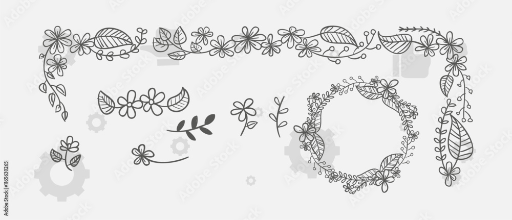 Obraz premium Elegant floral frames with hand drawn silhouettes of branches and leaves. Vector flower wreaths for labels, corporate identity, wedding invitation, save the date, logo