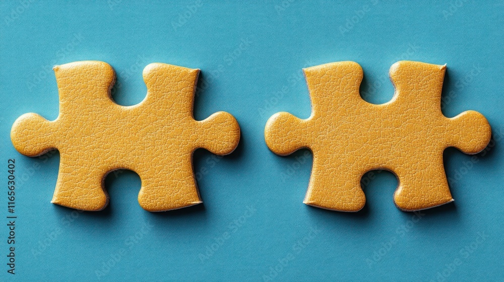 Fototapeta premium Two yellow puzzle pieces on blue background.