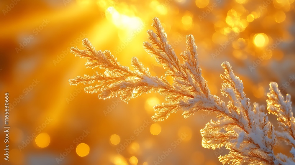 Golden Frost Covered Branch In Winter Sunlight