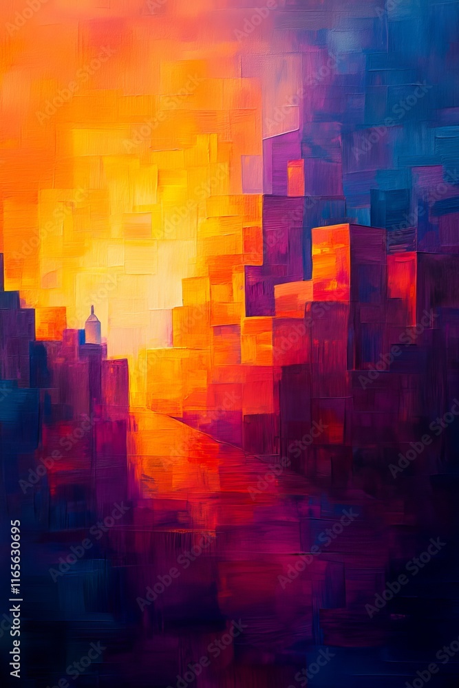 Naklejka premium Abstract Cityscape, Vibrant Urban Landscape with Colorful Buildings and Modernist Architecture