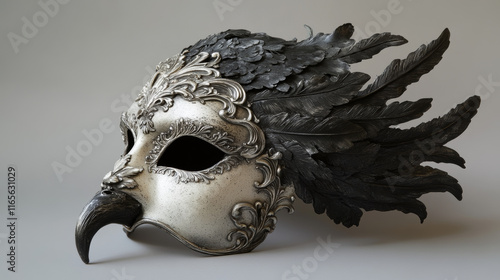 Venetian carnival masks, traditional Venice masquerade festival. Vector masks of animal or bird and mystery human face with veil, feathers or harlequin pattern ornament. Theater or Mardi Gras theme photo