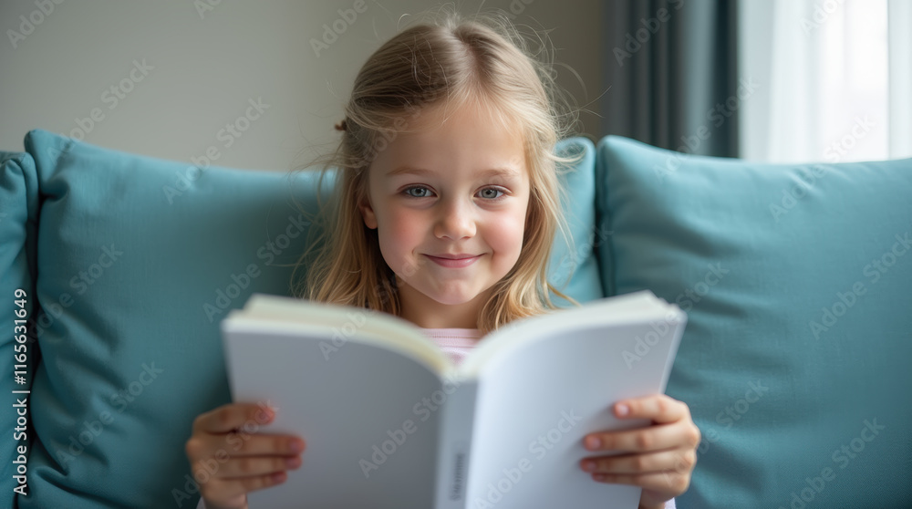 Captivating portrait of a child enjoying a book on the sofa Captivating portrait of a child enjoying a book on the sofa