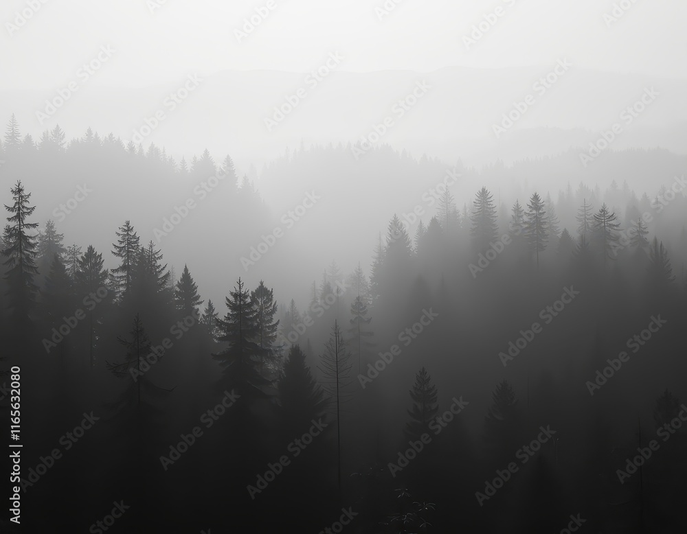 Misty mountain forest landscape. Layers of evergreen trees shrouded in fog create a serene, atmospheric scene. Perfect for nature, travel, or environmental themes. Misty mountain forest landscape. Layers of evergreen trees shrouded in fog create a serene, atmospheric scene. Perfect for nature, travel, or environmental themes.