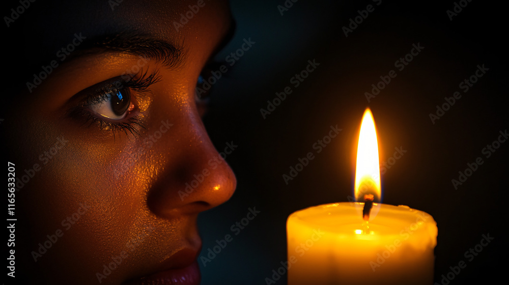 A person gazing at a flickering candle, their eyes reflecting a mix of hope and despair. A person gazing at a flickering candle, their eyes reflecting a mix of hope and despair.