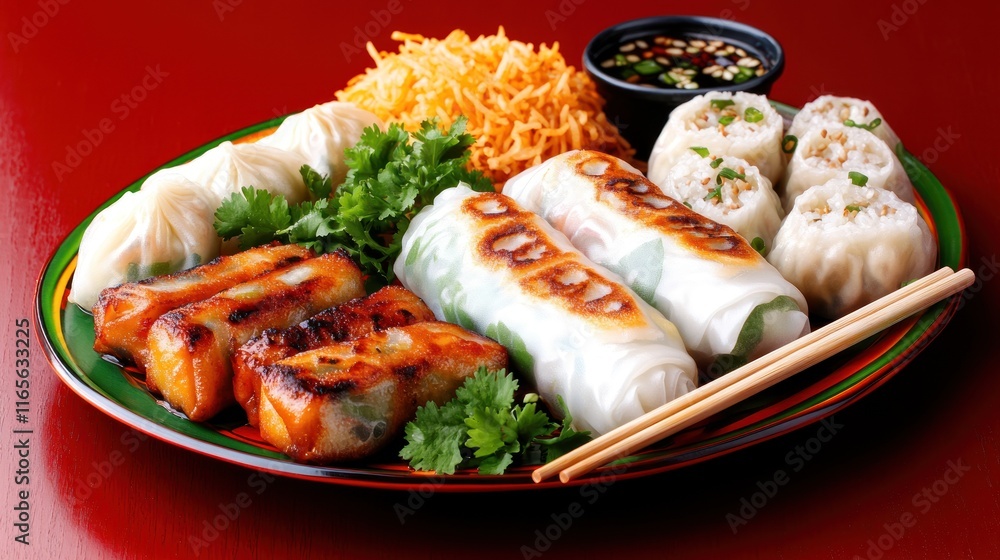 A vibrant platter featuring various Asian dumplings and rolls. A vibrant platter featuring various Asian dumplings and rolls.