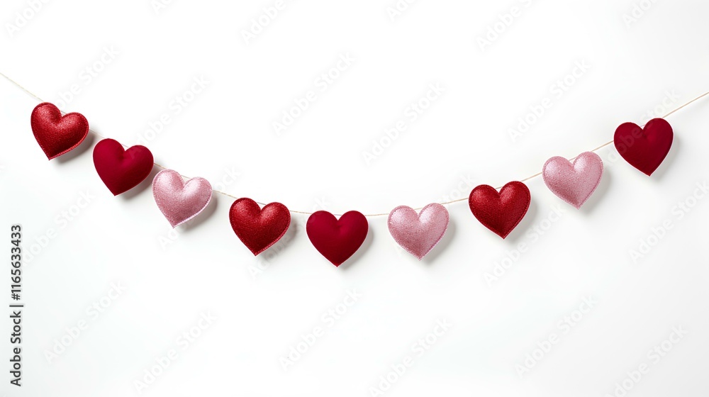 Hearts garland isolated on white background with shadow. Colorful heart flag garland for Valentine's Day parties and other celebrations. Colorful romantic hearts on a string Hearts garland isolated on white background with shadow. Colorful heart flag garland for Valentine's Day parties and other celebrations. Colorful romantic hearts on a string