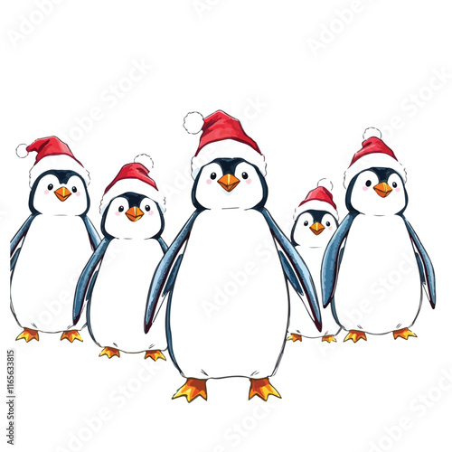 Cute Penguins wearing Santa Claus hat standing on white background flat design vector illustration