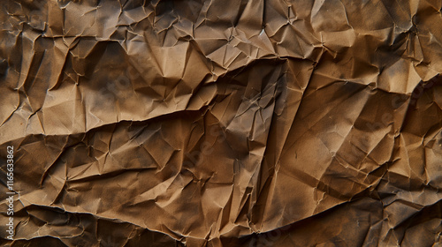 Distressed brown kraft paper with intricate creasing displaying rich sepia tones and organic textures, forming a natural abstract composition with sculptural qualities. photo