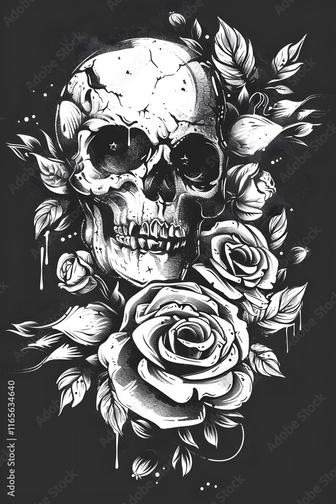 Fototapeta premium Detailed black-and-white illustration of a cracked skull surrounded by blooming roses and leaves, featuring a gothic and artistic tattoo-inspired design