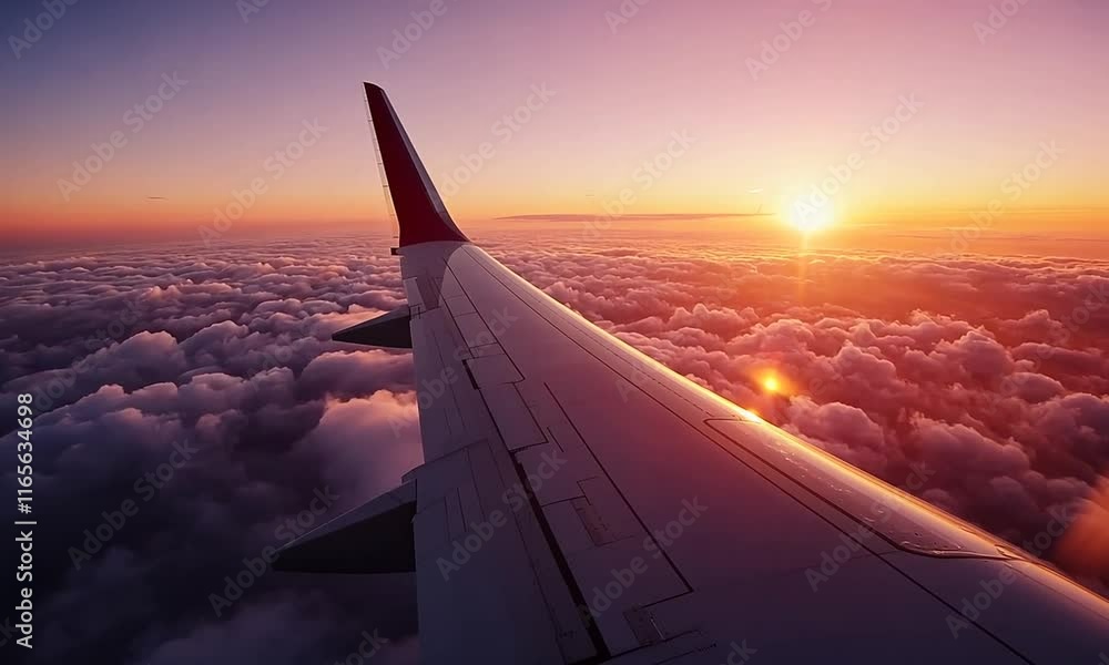 A stunning view from an airplane wing during sunset over the clouds. A stunning view from an airplane wing during sunset over the clouds.