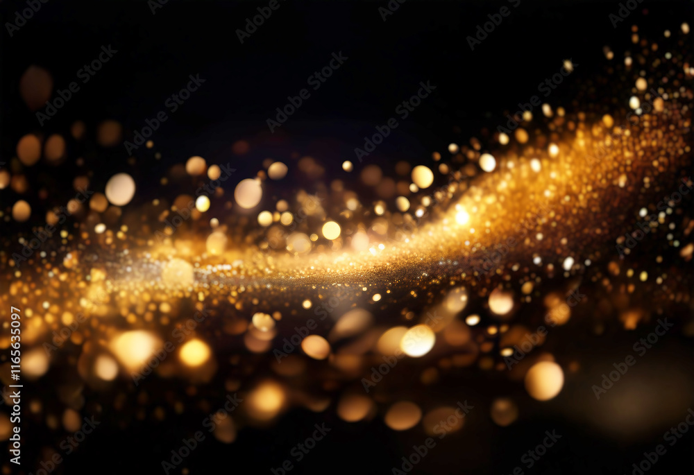 Naklejka premium A shimmering river of golden light and sparkles flows across a black background. The bokeh effect creates a magical, celebratory feel.
