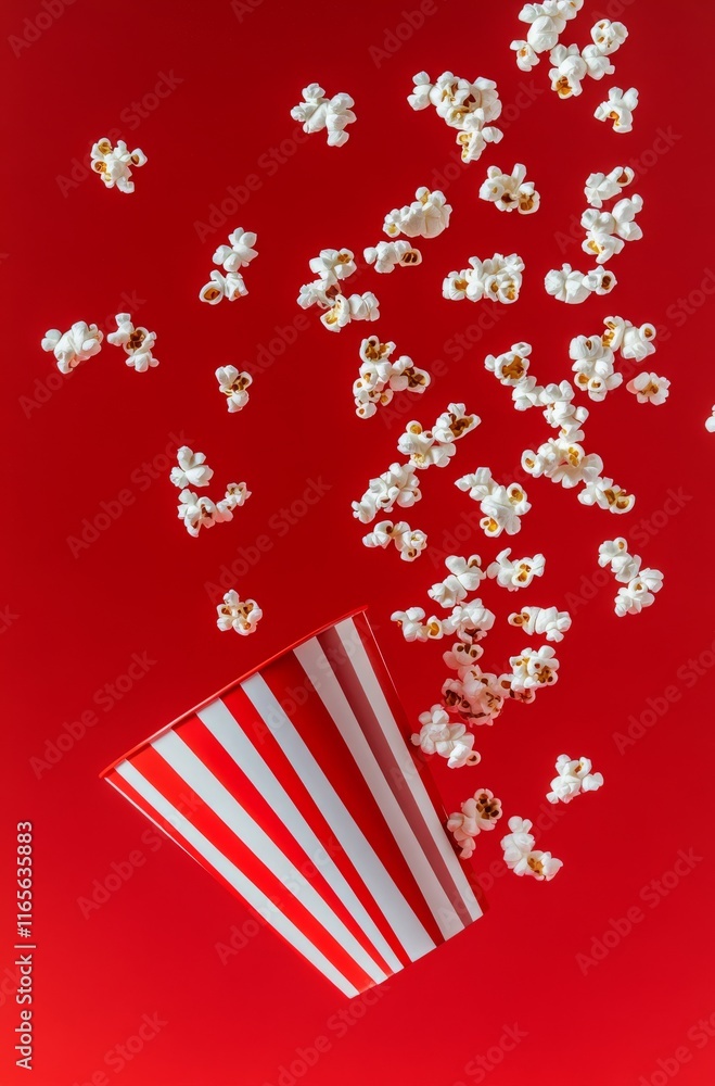 Fototapeta premium Close-up of popcorn spilling out from an old-fashioned red and white striped cinema bucket, against a vibrant red background