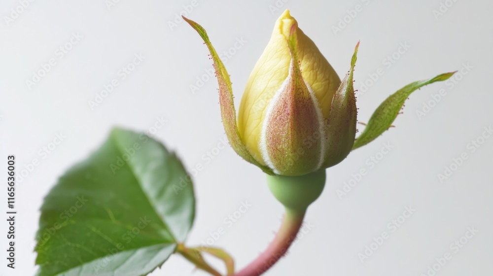 A close-up of a yellow rosebud just beginning to bloom, placed on a white background A close-up of a yellow rosebud just beginning to bloom, placed on a white background