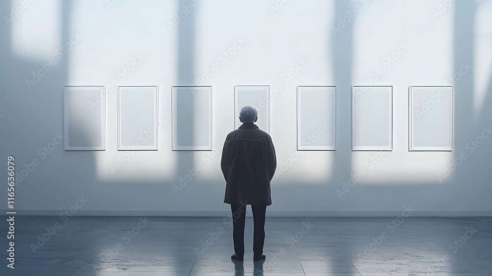 Fototapeta premium The man looks at the empty frames as the loss of his memories. Generative AI.