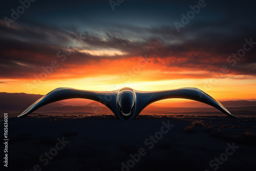 Futuristic aircraft-like sculpture silhouetted against a vibrant sunset over a desert landscape. photo