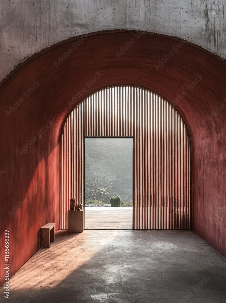 The interior of the house is made of red-painted concrete, with concrete walls, floor, and ceiling, and very thin wooden slats. The entrance door has an arched shape