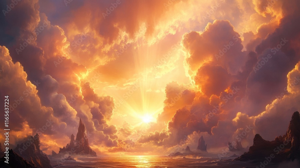 Obraz premium Majestic Sunset Over Serene Ocean with Dramatic Cloud Formation