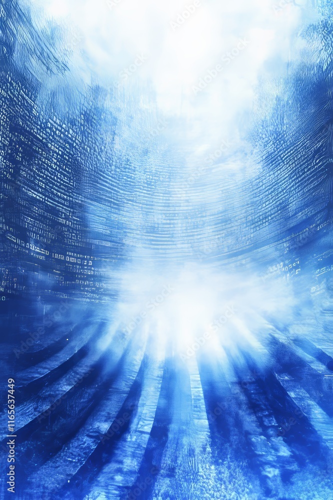 Obraz premium Abstract Digital Tunnel Journey Through Binary Code, Data Flow, Light Blue, White Gradient