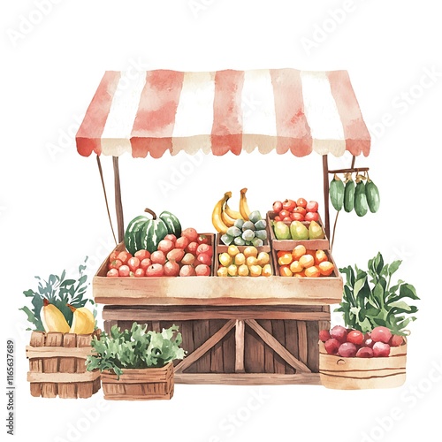 Watercolor illustration of a rustic wooden fruit and vegetable stand with a striped awning, overflowing with fresh produce.