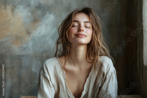 Free Download A serene young woman with eyes closed, exhibiting peace and tranquility against a textured backdrop. - GFXLoad