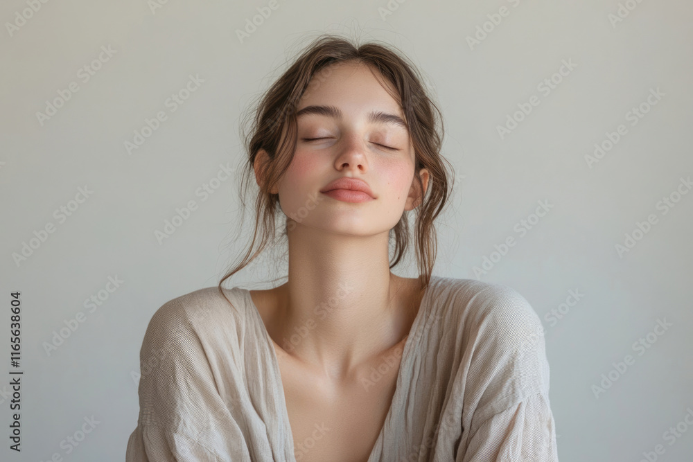 A serene young woman with closed eyes, wearing a beige top against a neutral background. A serene young woman with closed eyes, wearing a beige top against a neutral background.