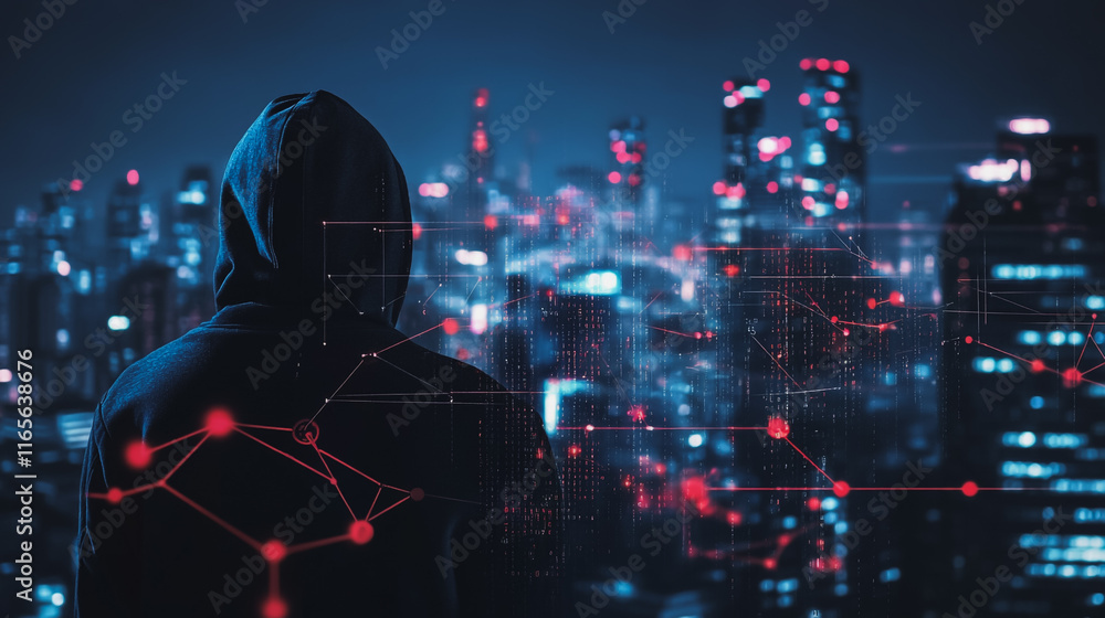 Hacker are planning to hack and attack networks and cyber security systems. Smart Innovation city with connection future wireless digital city and social media networking over the cityscape. Hacker are planning to hack and attack networks and cyber security systems. Smart Innovation city with connection future wireless digital city and social media networking over the cityscape.