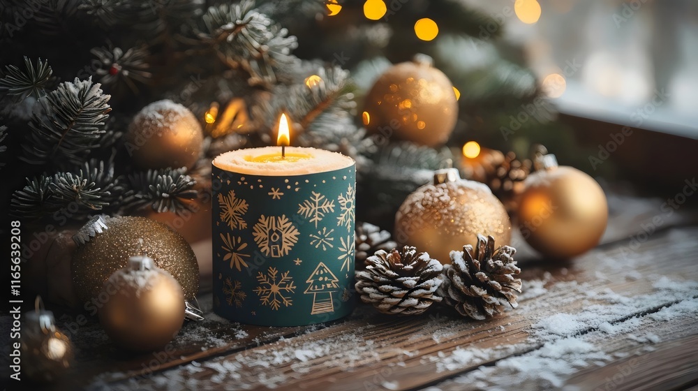 A candle is lit on a table with a Christmas tree and ornaments A candle is lit on a table with a Christmas tree and ornaments