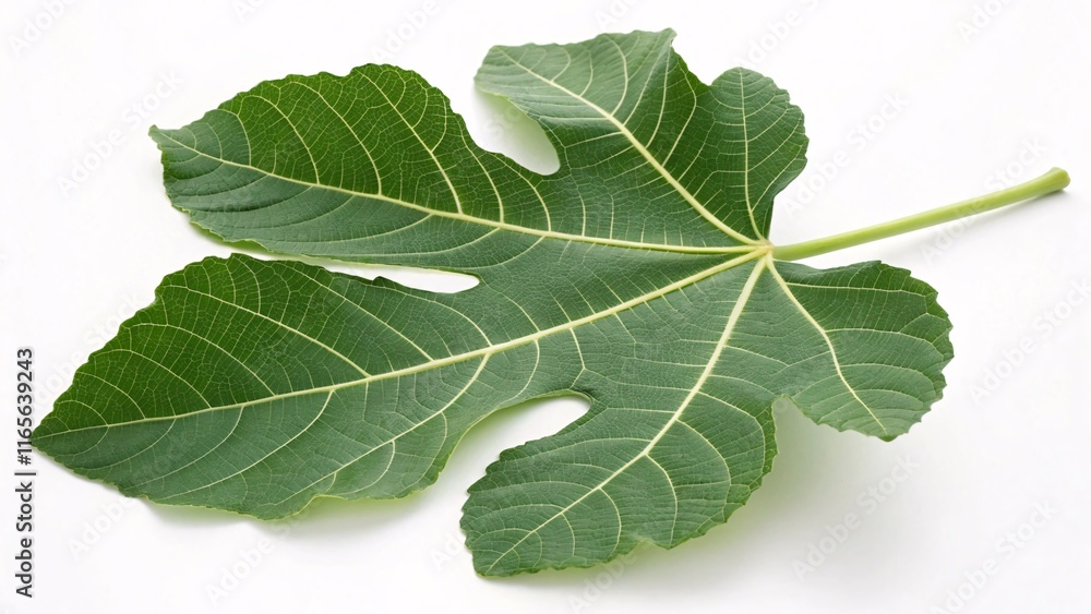 Fig leaf, large and deeply lobed green on white background Fig leaf, large and deeply lobed green on white background