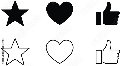 like heat and star icon set buttons isolated on transparent background. Like button thumb up love shape, reaction on social media icon button. Vector flat and line collection