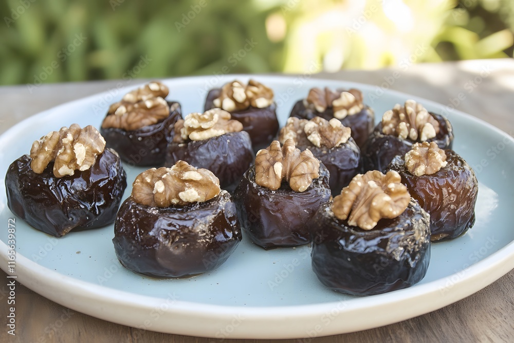 A single plate of stuffed dates with walnuts perfectly lit by the golden light A single plate of stuffed dates with walnuts perfectly lit by the golden light