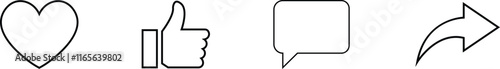 Like Share comment and love heart icon buttons isolated on transparent background. Like button, thumb up, love and heart, comment, repost and share icon button. Vector flat and line collection