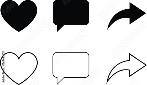 Share comment and love heart icon buttons isolated on transparent background. Like button, love and heart, comment, repost and share icon button. Vector flat and line collection