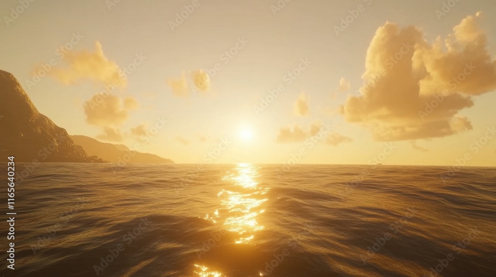 Fototapeta premium Serene Sunset Over Tranquil Ocean Waves and Soft Cloud Reflection