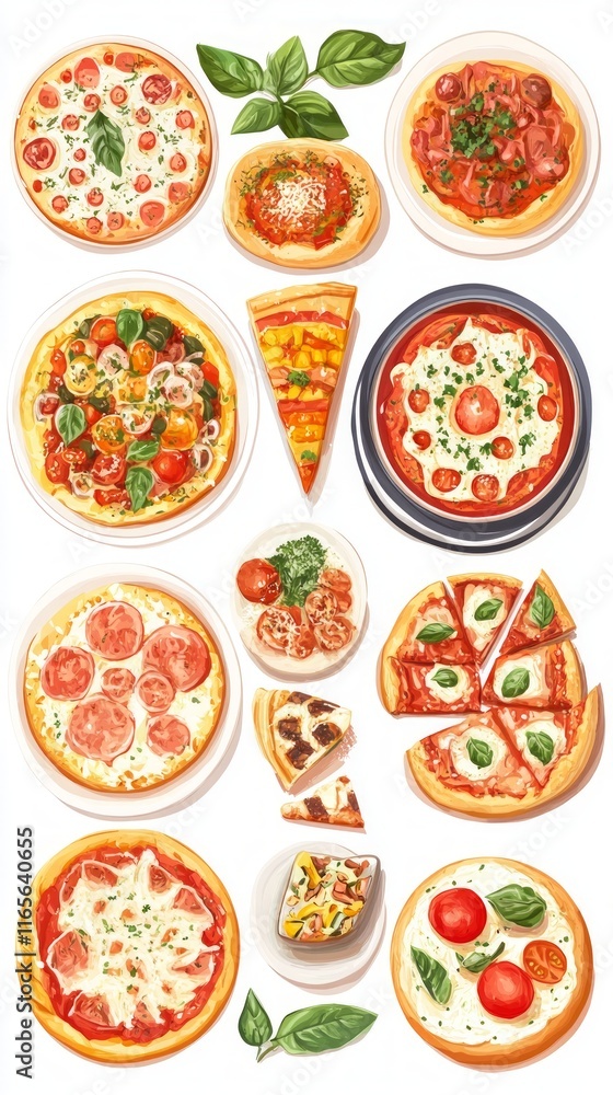 A Colorful Collection of Diverse Pizzas, A Culinary Delight A Colorful Collection of Diverse Pizzas, A Culinary Delight