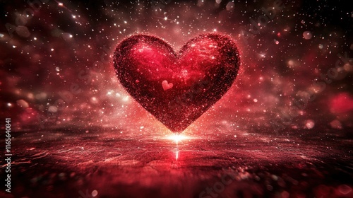 A glowing heart in the center of a dark red