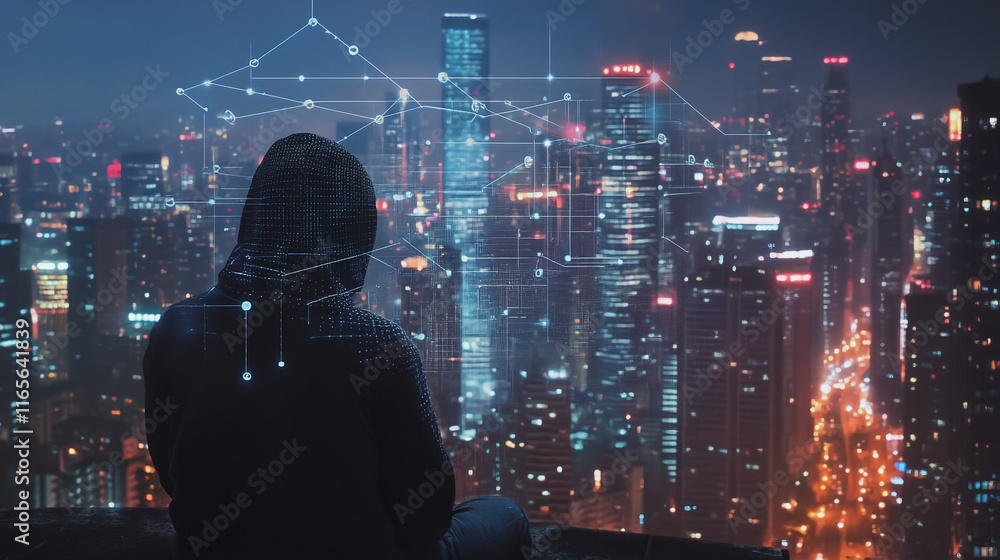 Hacker are planning to hack and attack networks and cyber security systems. Smart Innovation city with connection future wireless digital city and social media networking over the cityscape. Hacker are planning to hack and attack networks and cyber security systems. Smart Innovation city with connection future wireless digital city and social media networking over the cityscape.