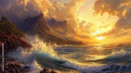 Serene Sunset Over Mountains and Waves in Vibrant Color Palette