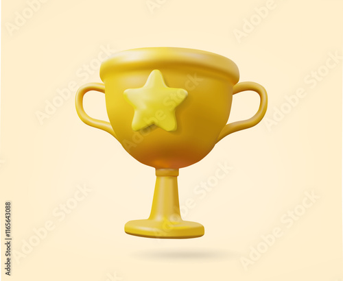  3D illustration, vector render of a golden trophy icon with a star in the center. on a light yellow background The concept of celebrating success, excellence, and winning.