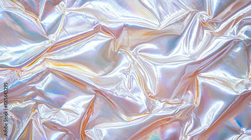 Abstract Grainy Holographic Background: Grainy Iridescent Silver Background in Soft Gradient Pearl Tones - Wrinkled Holographic Rainbow Silver Satin Foil with Shimmering Pearlescent Light Reflections