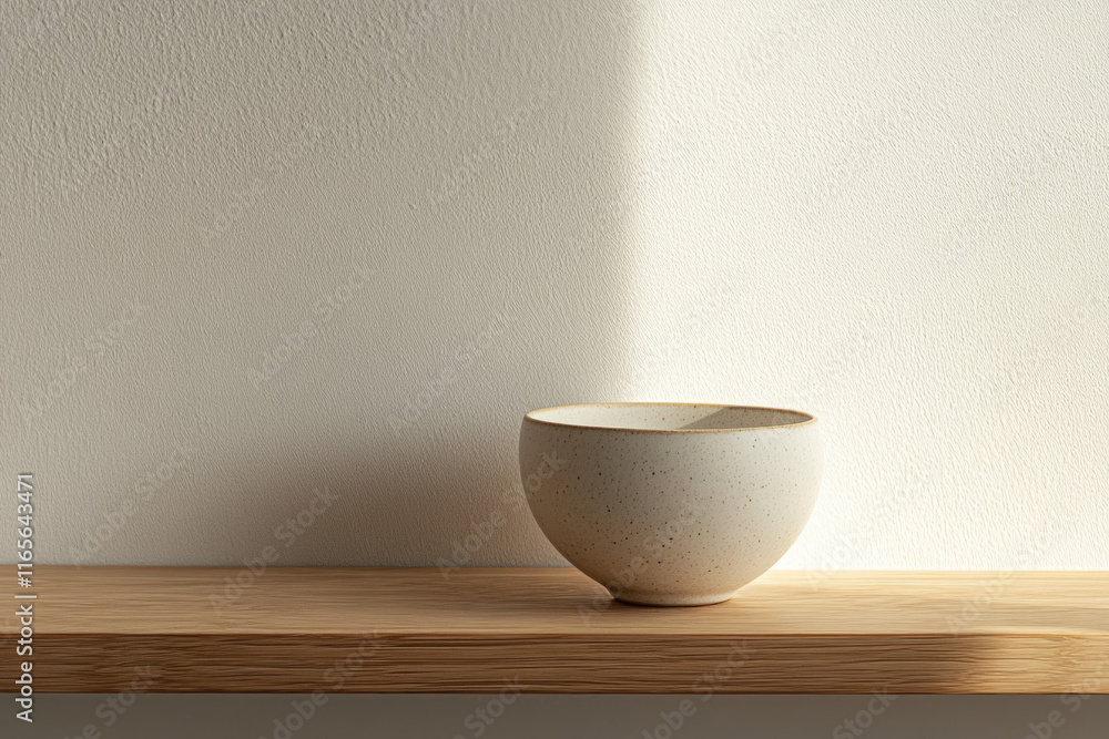 A speckled, off-white ceramic bowl rests on a light wood shelf against a textured wall, bathed in sunlight. A speckled, off-white ceramic bowl rests on a light wood shelf against a textured wall, bathed in sunlight.