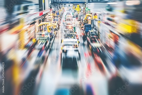 A bird’s-eye shot of an automotive assembly line with robotic arms in motion, assembling various car parts with a technician observing from a distance under soft, overhead lights.  photo