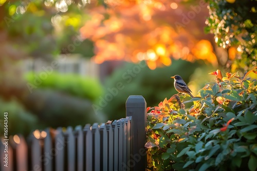 A bird perched on a fence, singing into the morning light while the soft background of a rural garden fades into a blur of green and warm tones.  photo