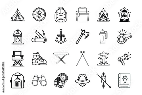 line art vector illustration of outdoor camping essentials, featuring items like tents, compasses, backpacks, fire pits, lanterns, hiking boots, binoculars, axes, and kayaks, styled with clean and min