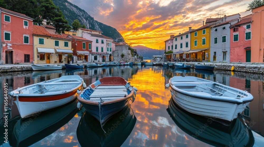 Fototapeta premium Scenic Sunset Over Colorful Houses and Boats in Tranquil Harbor