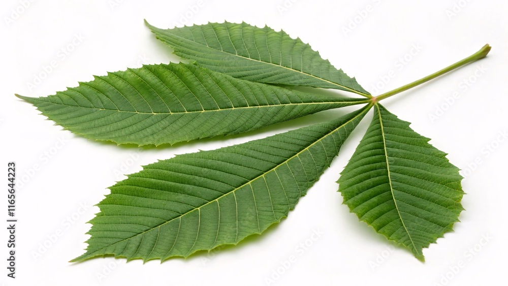 Chestnut leaf, elongated and serrated green on white background Chestnut leaf, elongated and serrated green on white background