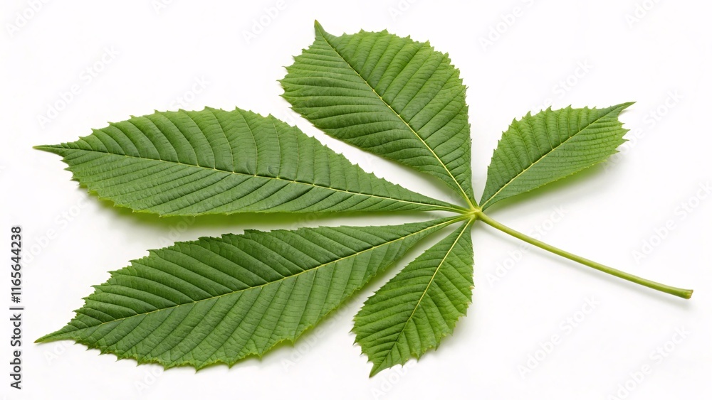 Chestnut leaf, elongated and serrated green on white background Chestnut leaf, elongated and serrated green on white background