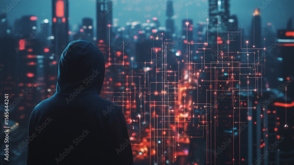 Hacker are planning to hack and attack networks and cyber security systems. Smart Innovation city with connection future wireless digital city and social media networking over the cityscape. Hacker are planning to hack and attack networks and cyber security systems. Smart Innovation city with connection future wireless digital city and social media networking over the cityscape.