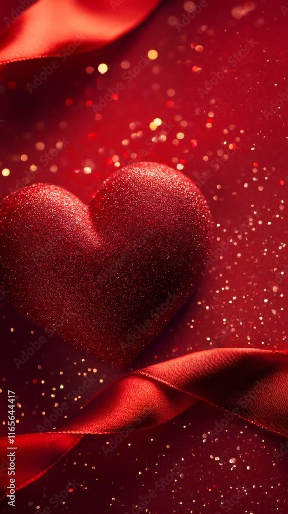 Red glittery heart and satin ribbon on a sparkly red background creating a romantic Valentine's Day atmosphere Red glittery heart and satin ribbon on a sparkly red background creating a romantic Valentine's Day atmosphere