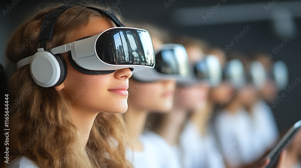 Young woman in VR headset, others behind. Young woman in VR headset, others behind.